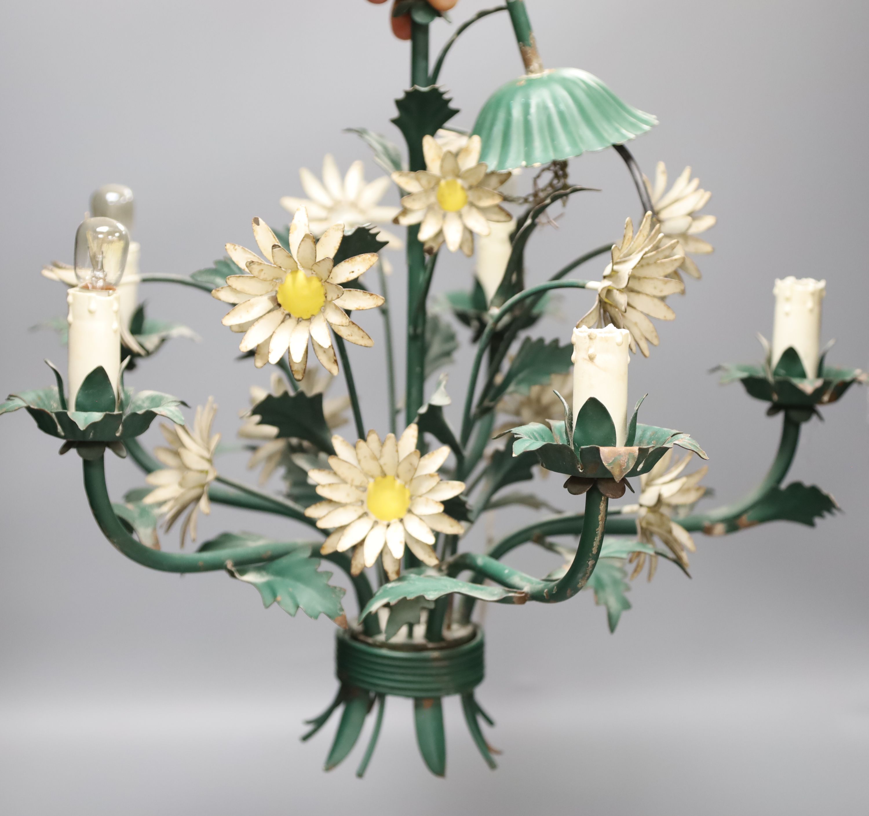 A French Toleware five branch chandelier in original paint, height 47cm
